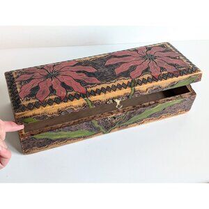1900s Pyro Wood Christmas Gift Box Poinsettia Hand Crafted USA Wooden Box 12"